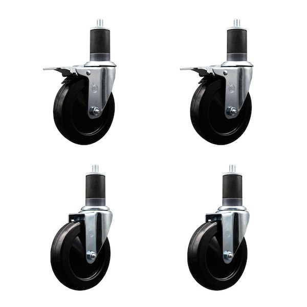 5'' Soft Rubber Swivel 1-5/8'' Expanding Stem Caster Set 2 Total Lock Brakes, 4PK